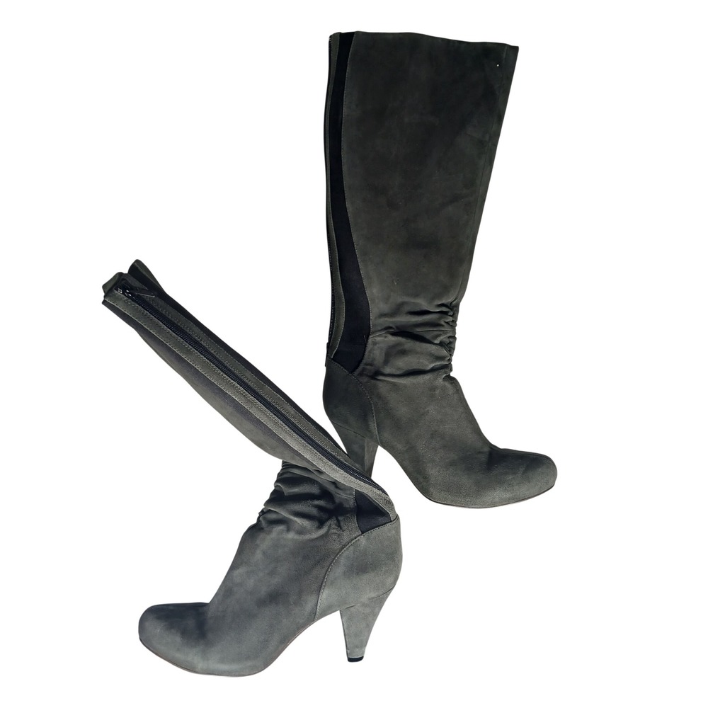 Indigo by Clarks Olive‎ Green Suede Ruched Knee High Boots 8M 33129 Rear Zip